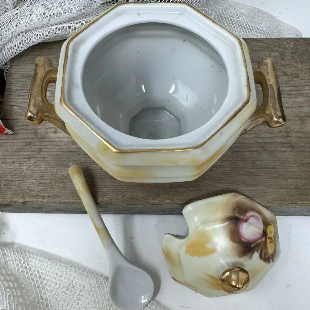 Vintage Enesco Sugar Condiment Bowl w/ Lid Spoon Fruit Gold Trim #E2364